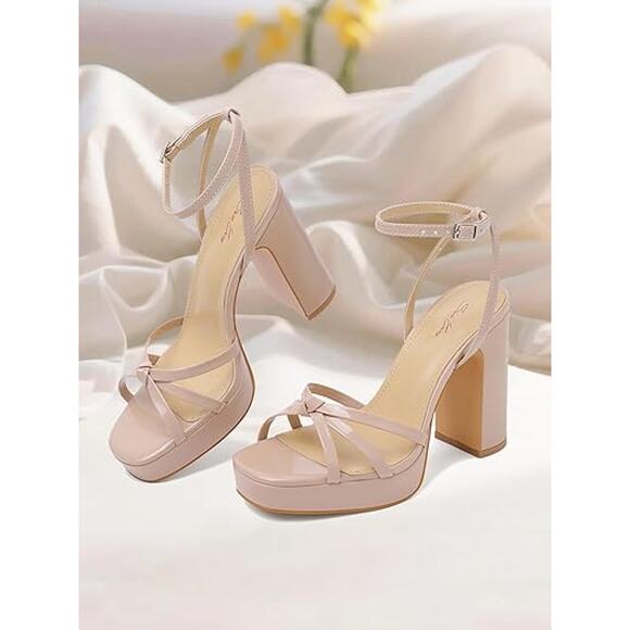 Sun Gurg Womens Size 8.5 Tan Open Toe 4.5" Block Heel Ankle Strap Sandal Shoes - Picture 2 of 7